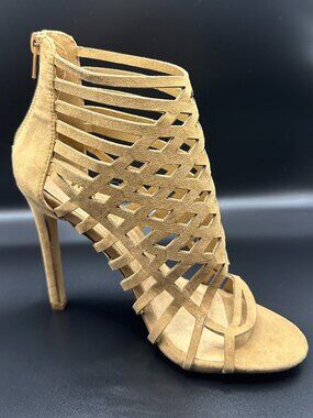 Olivia Jaymes Tan Suede Cage Stiletto Heel Ankle Booties Open Toe 7 Femenine